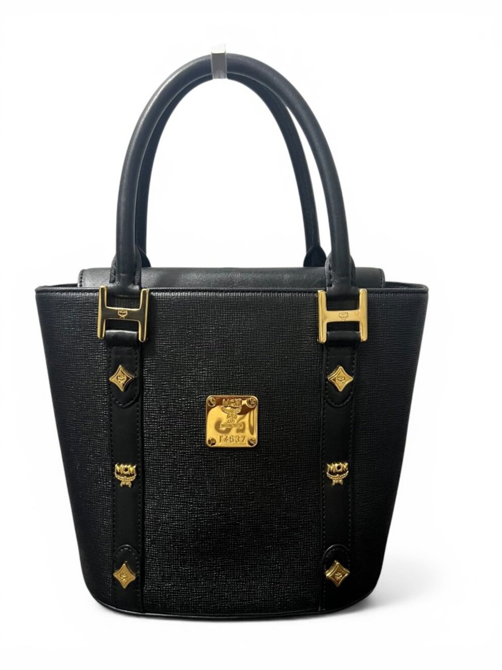 MCM Black Leather Small Bucket Bag With Gold Hardware & Logo Accents